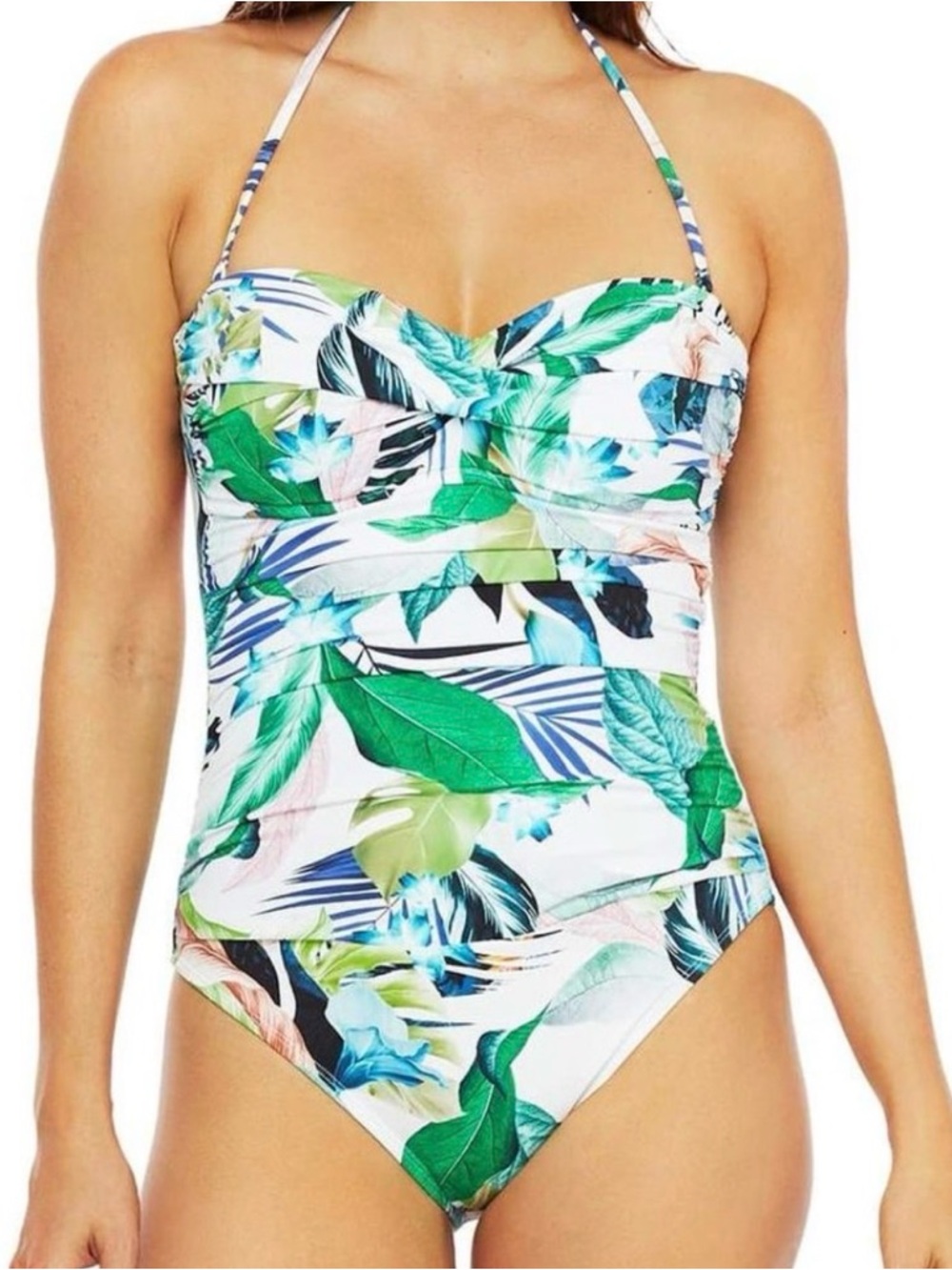 La Blanca White Tropical Leaf Halter One-Piece Swim